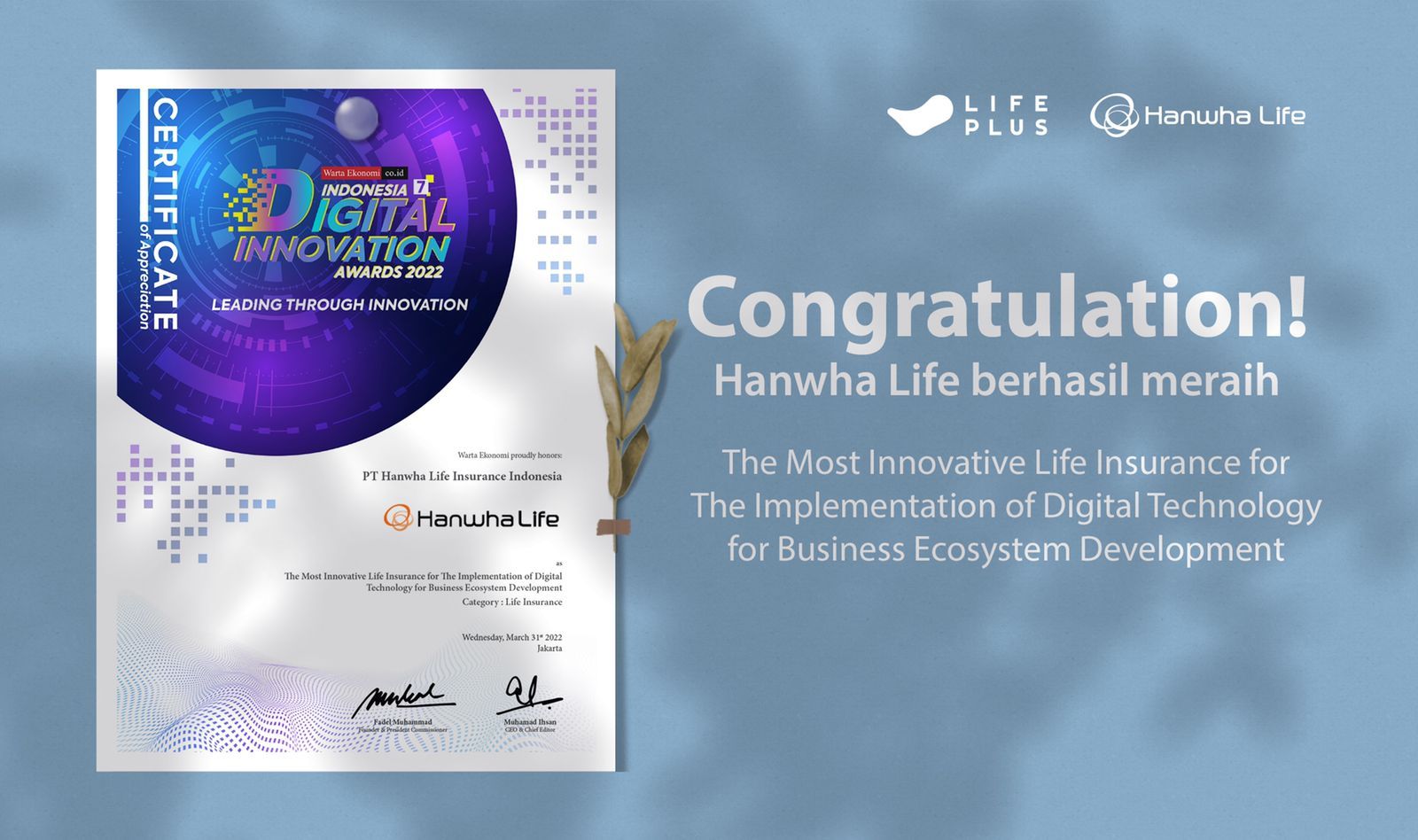 Hanwha Life meraih penghargaan “Indonesia 7th Digital Innovation Awards 2022”